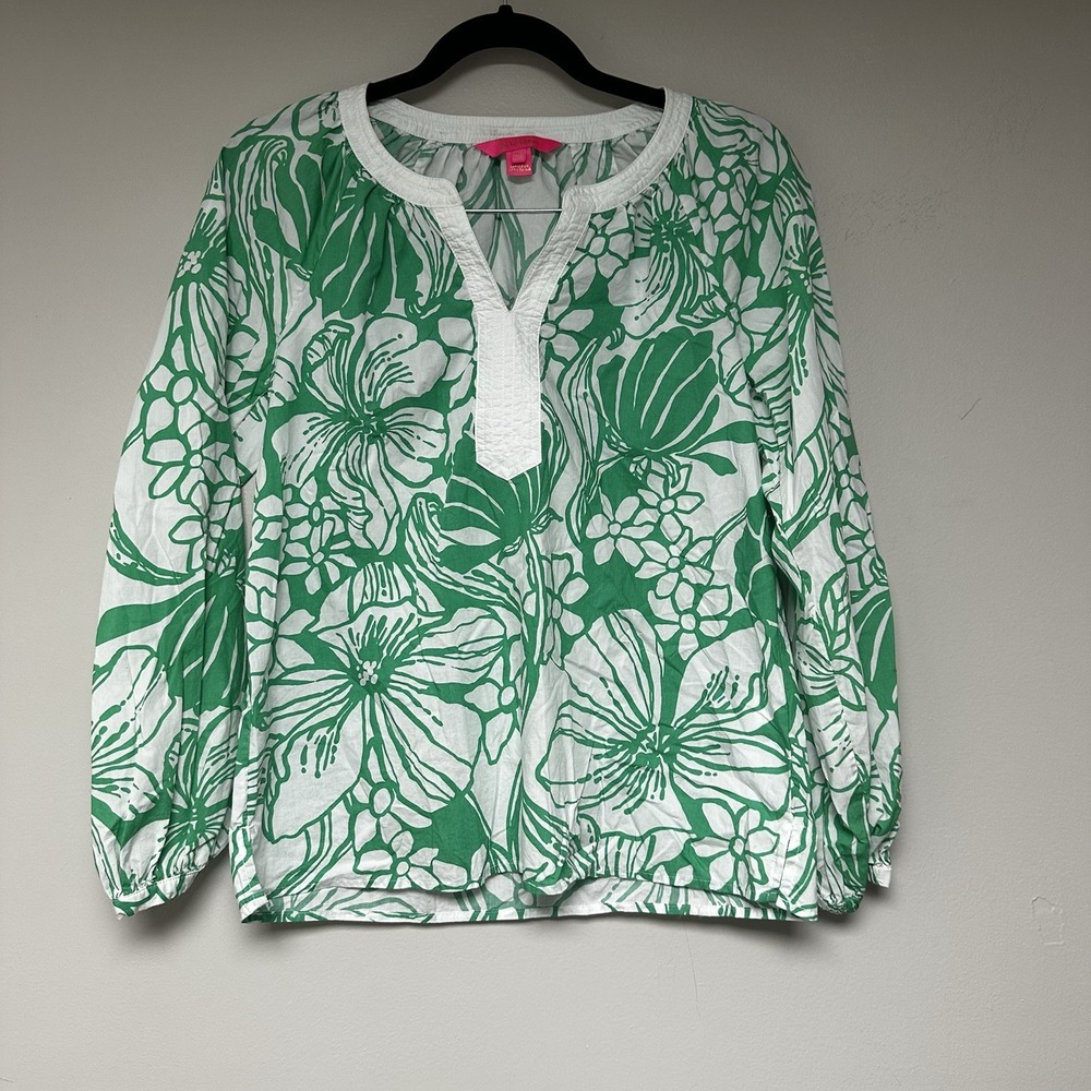 Lilly Pulitzer Green White Floral Tunic Blouse Shirt XS V Neck Long Cotton